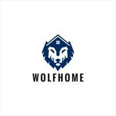 Blue Wolf Head Logo with House Icon on White Background