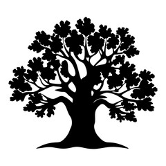 Majestic Black Silhouette of a Large Oak Tree with Abundant Foliage