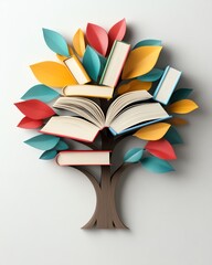 Creative concept of learning tree with books as branches, knowledge expansion