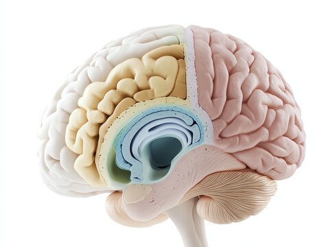 Diagram of limbic system within brain structure, colorcoded zones, 3D illustration