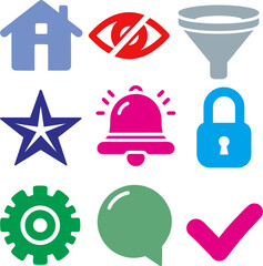 Colorful icon set includes home, alert, lock, hidden, filter, gear, chat, and checkmark symbols. Ideal for UI/UX, dashboards, websites, and mobile apps.