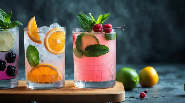 Three varieties of gin tonic with blackberries, orange, lime, and mint leaves displayed in glasses on a backdrop.
