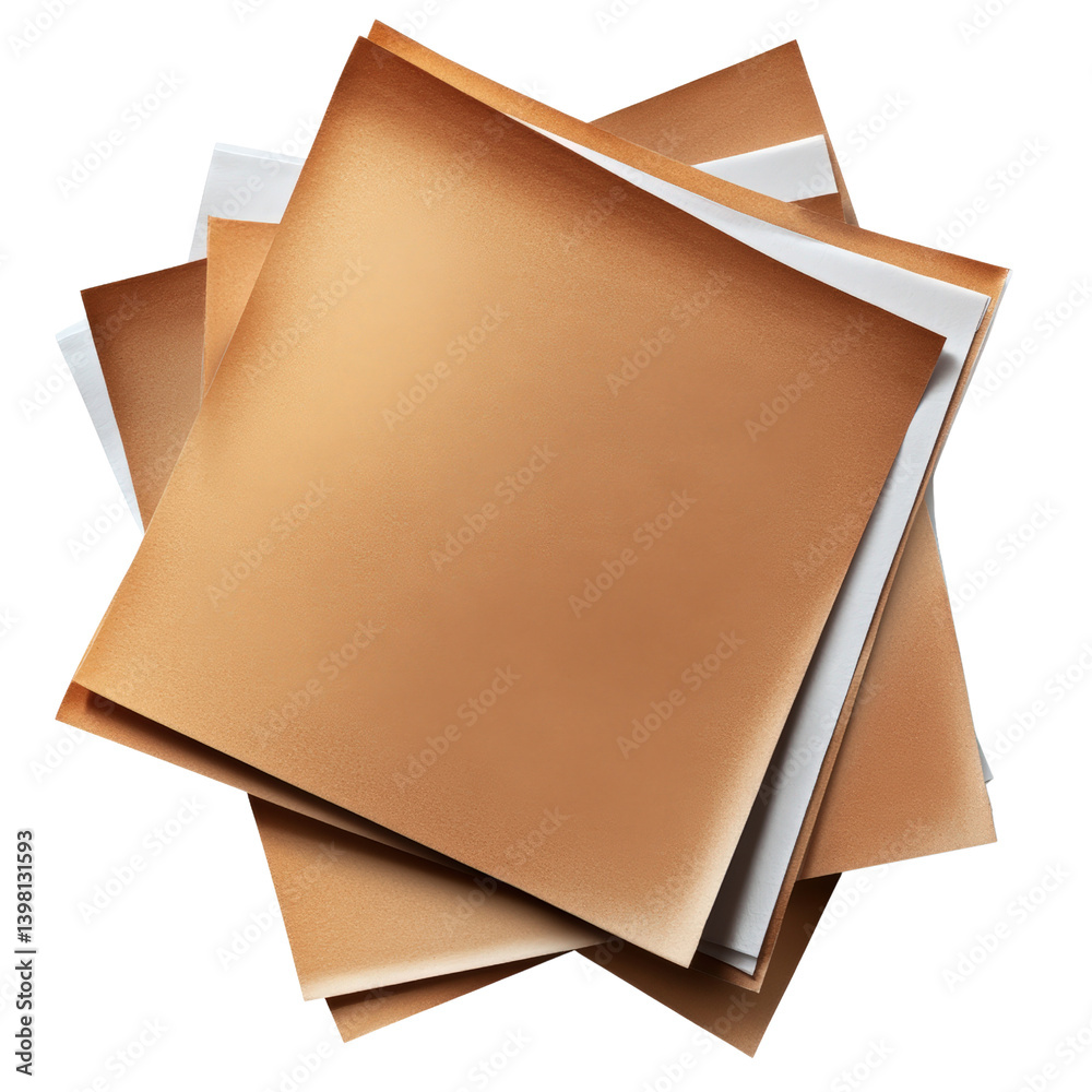 Poster neatly stacked layers of brown and white paper showcasing texture and contrast for artistic or pract