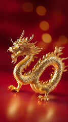 Fototapeta premium Golden Dragon Statue on Red Background