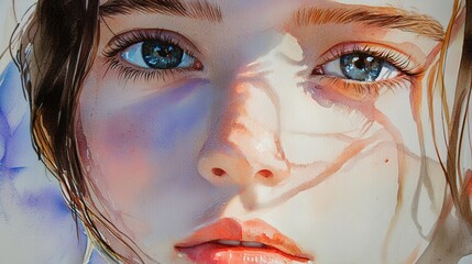 A woman's face is painted with blue eyes