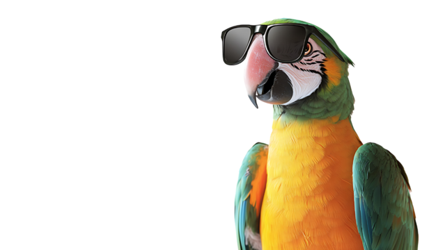 parrot wearing sunglasses on transparent background