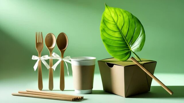 Sustainable natural disposable utensils: wooden straw shavings, cup, spoon, and fork. Eco-friendly technology.