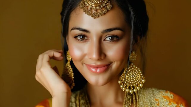 A young Hindu woman model wearing a bracelet, tikka, earrings, and a golden Kundan jewellery set.  Traditional Indian attire, such as a saree or lehenga choli