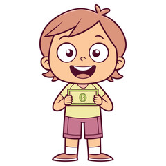 Cartoon Happy Smiling Boy Holding Dollar Money Voucher on Transparent Background