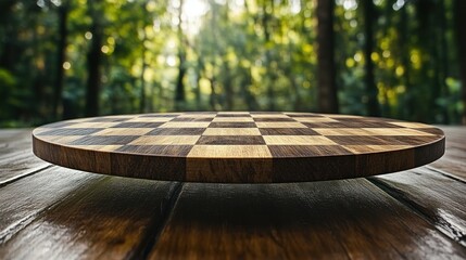 Wooden chessboard table top in forest