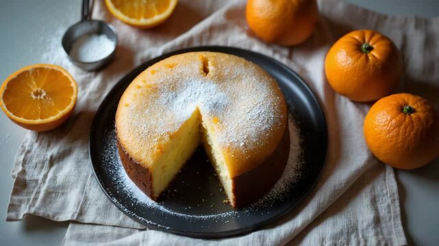 Close-up of Meskouta, a soft and fluffy orange cake, displayed on a plate from a horizontal top view.