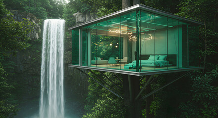 Glass Treehouse Over Waterfall In Lush Forest
