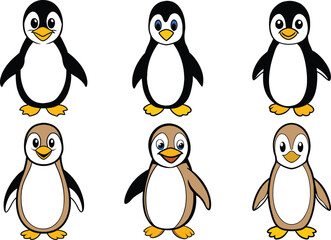 Cute cartoon penguin family enjoys winter fun in the snowy white ice