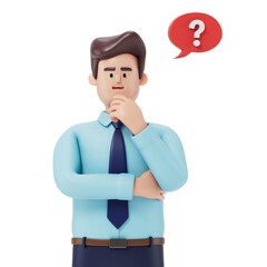 Man with a question mark, symbolizing confusion or seeking answers. 3D rendering, conceptual image. Isolated on white background.