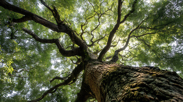 close up photograph of majestic tree with its branches sprawling outward, covered in lush green leaves, viewed from below, creating serene and awe inspiring perspective