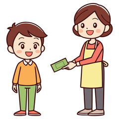Smiling Woman Handing Green Envelope to Boy Cartoon on White Background