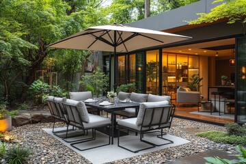 Fototapeta premium Blooming Gate matte black and white steel patio dining set with umbrella, six chairs, glass-top table with side tables, surrounded by lush greenery and tranquility.
