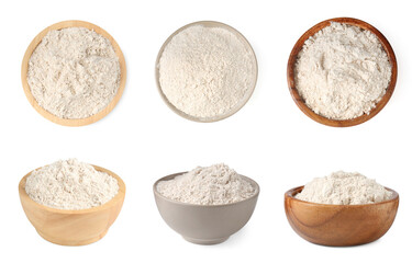 Brown rice flour in bowls isolated on white, collage. Top and side view