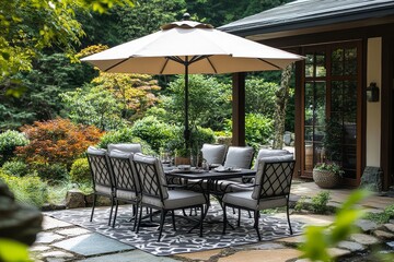 Obraz premium Blooming Gate matte black and white steel patio dining set with umbrella, six chairs, glass-top table with side tables, surrounded by lush greenery and tranquility.