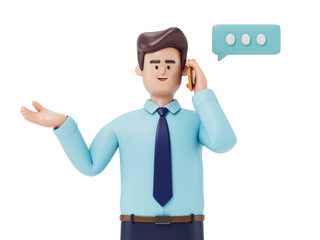 Man on phone with speech bubble, symbolizing communication or customer service. 3D rendering, conceptual image. Isolated on white background.