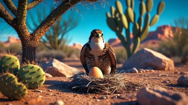 A lesser nighthawk on her egg in a desert ground nest, shielded by trees, prickly pear, and rocks for stunning camouflage.