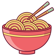 Cartoonish Noodles with Chopsticks and Bowl on White Background