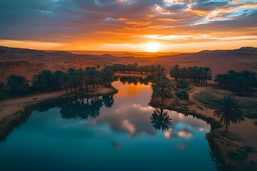 Obraz premium Beautiful desert oasis with palm trees and a water pond at sunset.