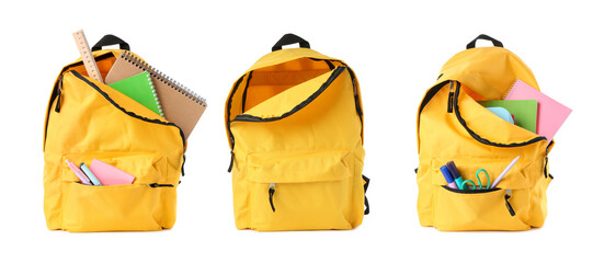 Yellow backpack isolated on white, collage. Empty and filled with stationery