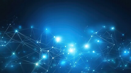 Abstract network connection design.  A complex web of interconnected nodes and lines, radiating from a dark blue background.  Glowing points of light highlight the connections
