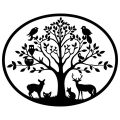 A mesmerizing circular Tree of Life illustration featuring diverse wildlife silhouettes