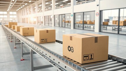 Cardboard Boxes on Conveyor Belt in Modern Logistics Center – E-Commerce Fulfillment and Supply Chain Efficiency
