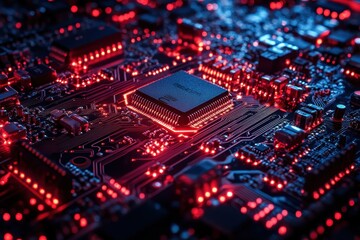Obraz premium Close-up view of a circuit board illuminated by red lights showcasing modern technology in detail