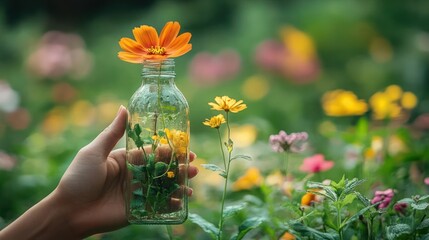 Hand holding a small glass bottle with a flower, surrounded by colorful flowers