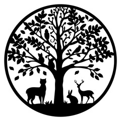Circular Tree of Life with Animals Silhouette Art