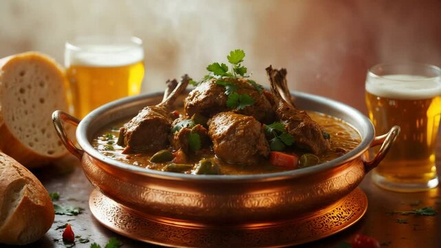 A traditional dish of lamb balt curry accompanied by bread and beer.