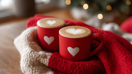 Two red mugs with heart designs filled with latte on a cozy blanket with bokeh lights behind them