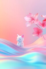 Cute Cat, Pink Flowers, Abstract Waves