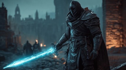 Armored warrior stands in ruins with glowing sword