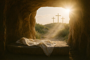 Empty Tomb with Three Crosses at Sunrise