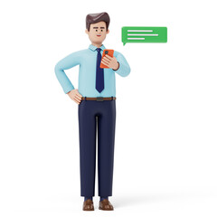 Man in business attire with phone and speech bubble, symbolizing communication. 3D rendering, conceptual image. Isolated on white background.