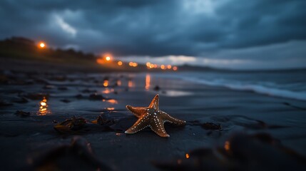 Fototapeta premium Starfish on Twilight Beach with Coastal Night Scene.