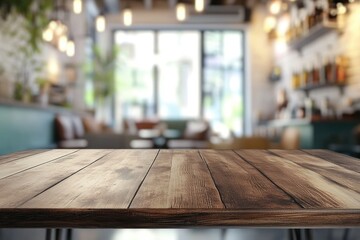Empty wooden table in a cafe. Blurred background showing interior with seating, windows, and lights