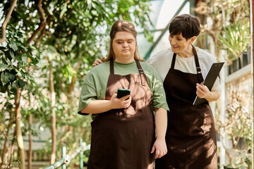 Collaboration and growth in a vibrant greenhouse with a dedicated mentor and her young colleague