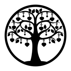Black and White Circular Tree of Life with HeartShaped Ornaments