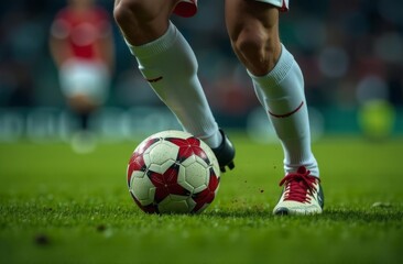 Fototapeta premium Detail of a player's legs and the ball during a pass in a football match