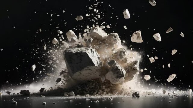 Isolated small granite stone flies against a dark backdrop with powder burst.