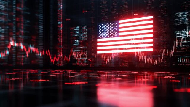 American flag in market data. Bright American flag displayed against stock market data in a vibrant digital environment with dynamic trading visuals. - Powered by Adobe