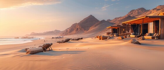Serene beach landscape at sunset with modern cabins, gentle waves, and rocky formations in the background