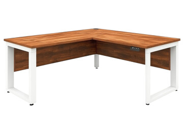 A modern L-shaped desk, perfect for a productive workspace, boasting a rich, rustic brown wood top and sleek white metal legs.