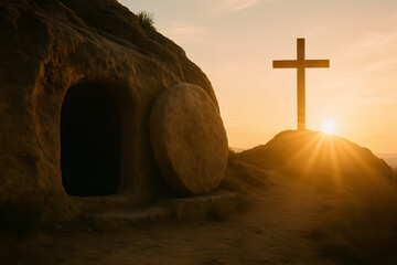 Sunrise at Empty Tomb with Cross on Hill
